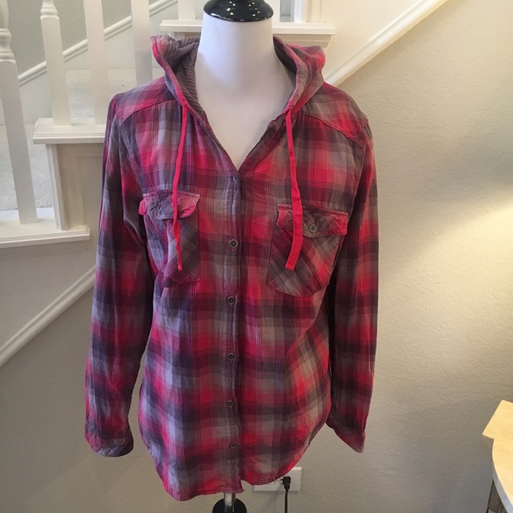 Columbia Cotton Pink & Purple Plaid Button-Down w/ Hood